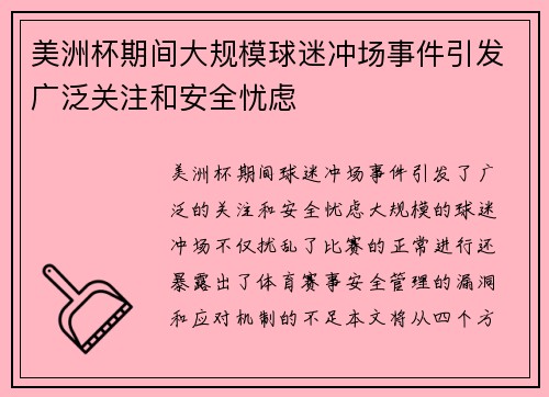美洲杯期间大规模球迷冲场事件引发广泛关注和安全忧虑 美洲杯期间大规模球迷冲场事件引发广泛关注和安全忧虑